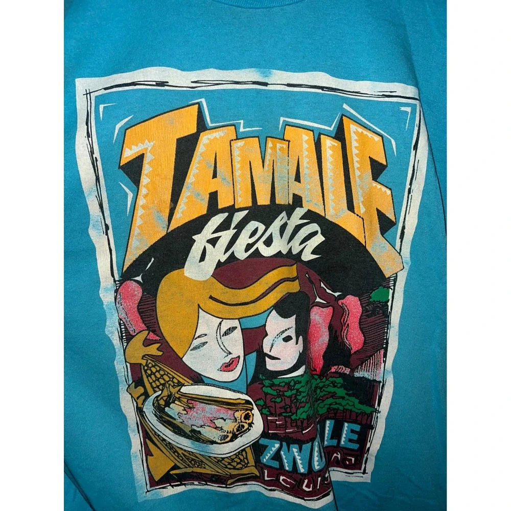 Vintage 90s Zwolle Louisiana Tamale Fiesta T-Shirt Blue Fruit of the Loom L